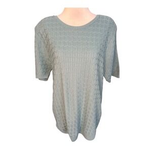 Alfred Dunner Timberlake Aqua Blue Basketweave Knit Short Sleeve Sweater Medium